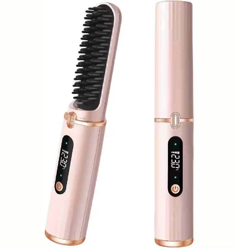 2024 New 2 In 1 Curling Hair Straightener Portable Cordless Heating Hair Straightening Comb Brush With Digital Lcd Display