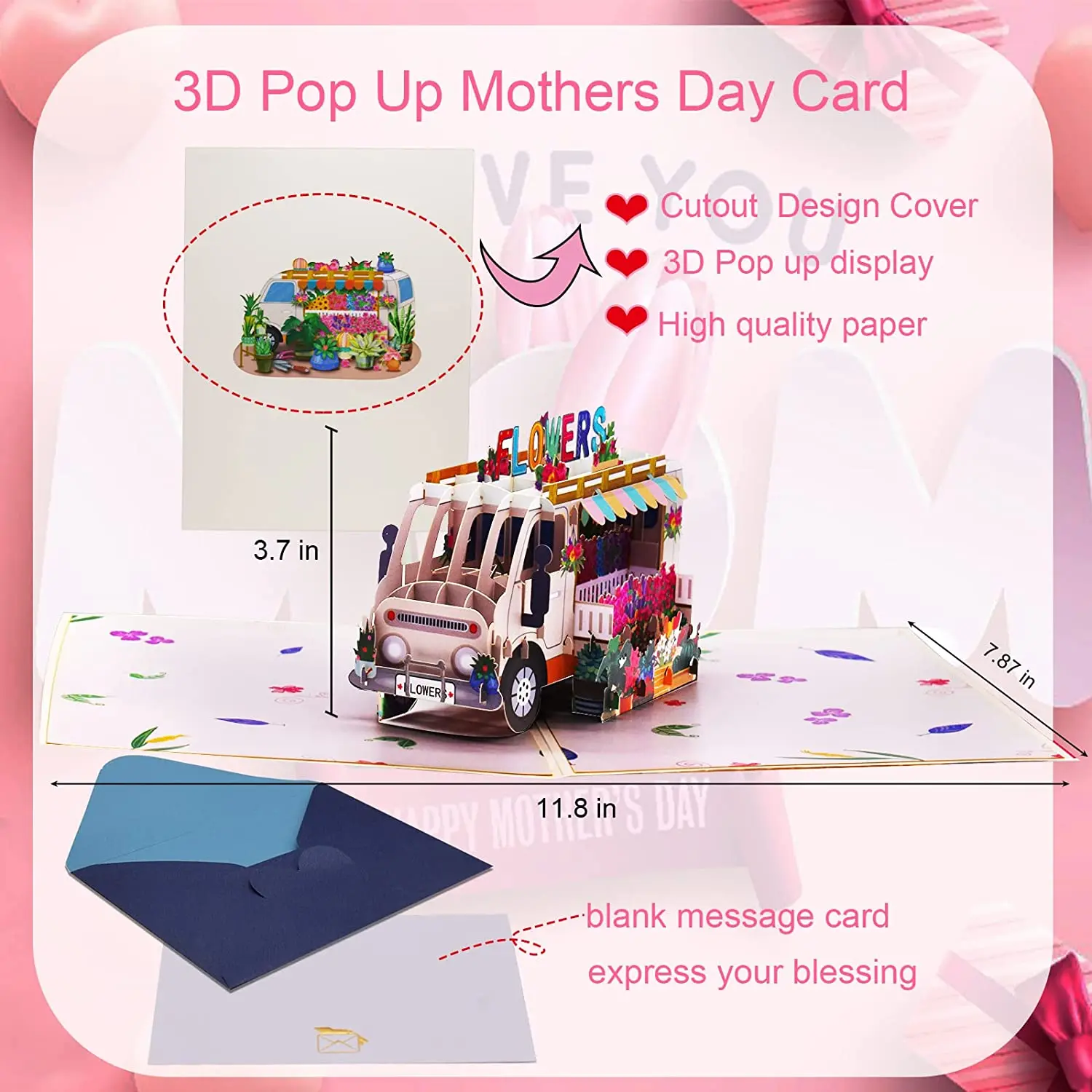 Xieli Custom 3D Flower Truck Pop Up Card Laser Cut Mothers Day Card Handmade Thank You Cards With Envelope