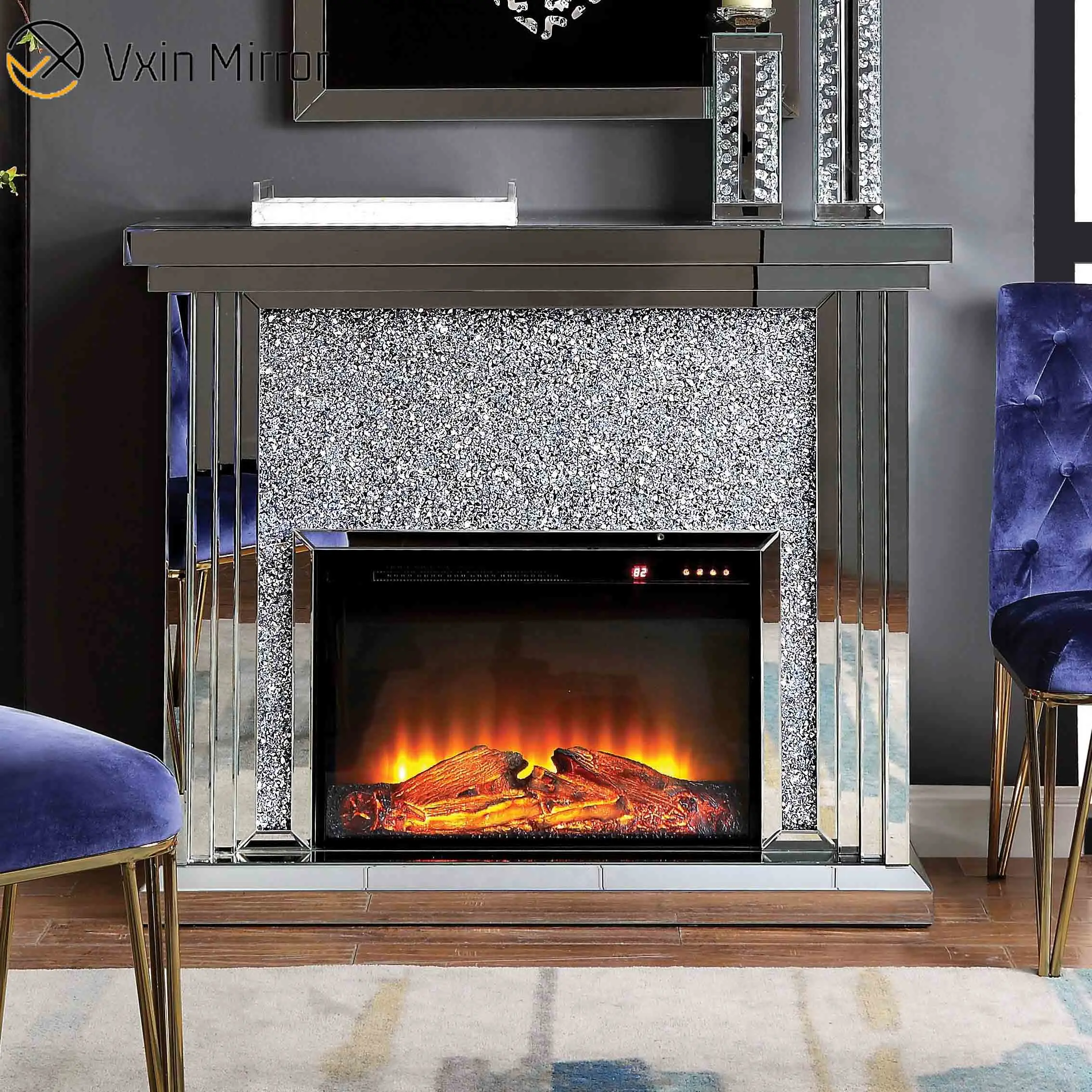 Manufactory direct living room decoration WXWF-1104 Crushed Diamond Modern Mirror Fireplace free standing fireplace indoor firep