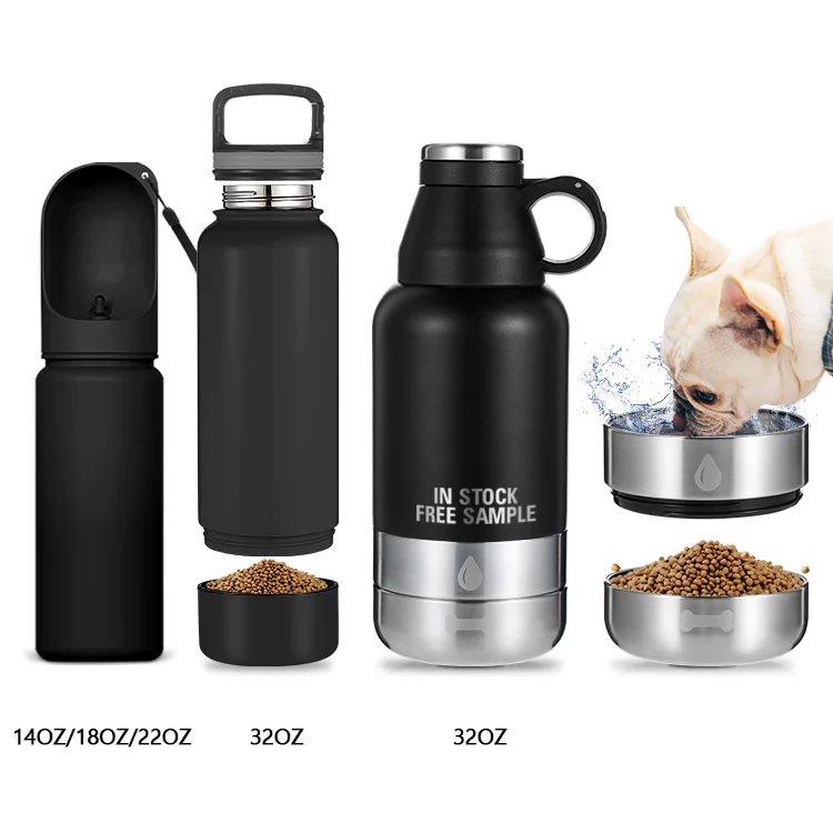 Everich hot selling Pet Outdoor Dog Feeder 32oz Double Wall Vacuum Stainless Steel Travel Water Bottle With Food Storage bowl