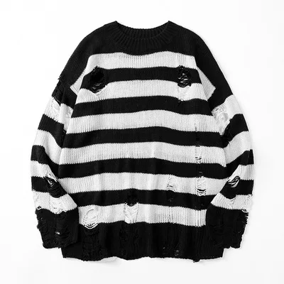 New Trendy Striped Holes Mens Knit Sweater Fashion Round Collar Long Sleeve Knitted Sweater Men