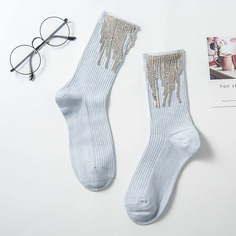 New Handmade  colorful Rhinestone Tassel Shape Sock Black Crew Woman Tube Sock