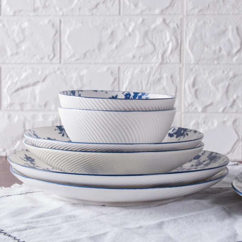 Chaozhou factory cheap price dinnerware low MOQ oval shape blue and white china ceramic porcelain dinner plate dishes bowls
