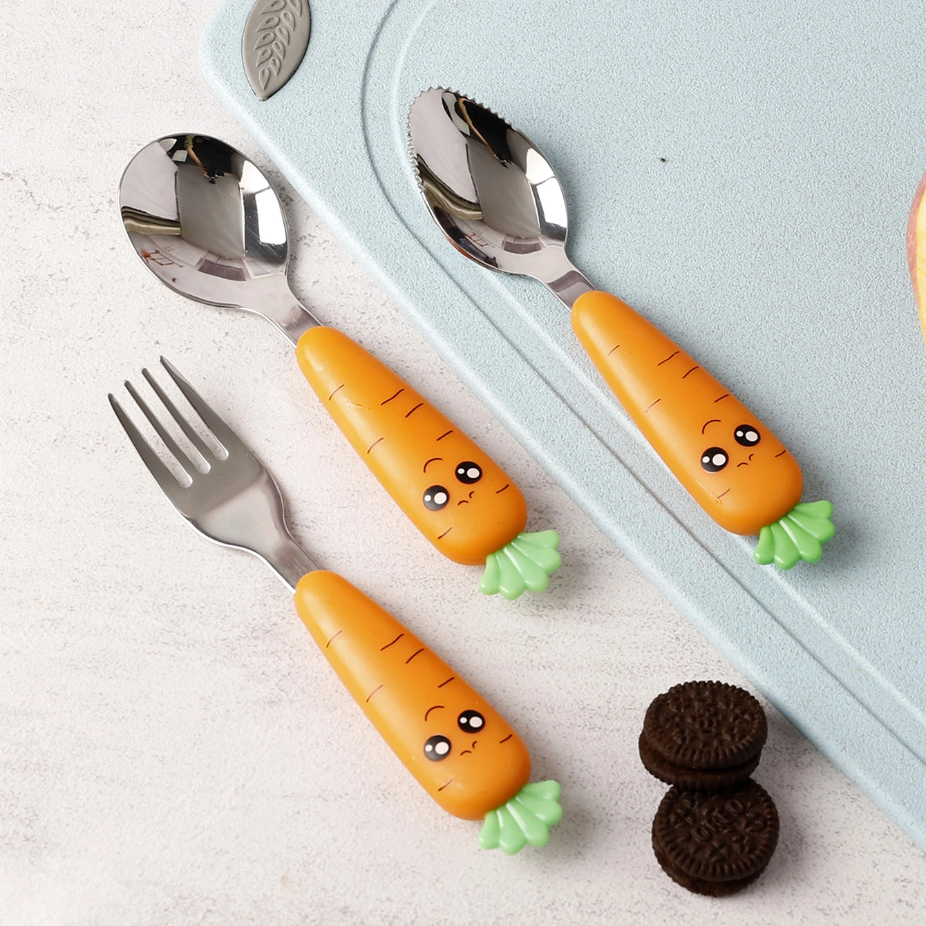 Kitchen tableware cute cartoon radish shape 3pcs kids stainless steel spoon and fork set