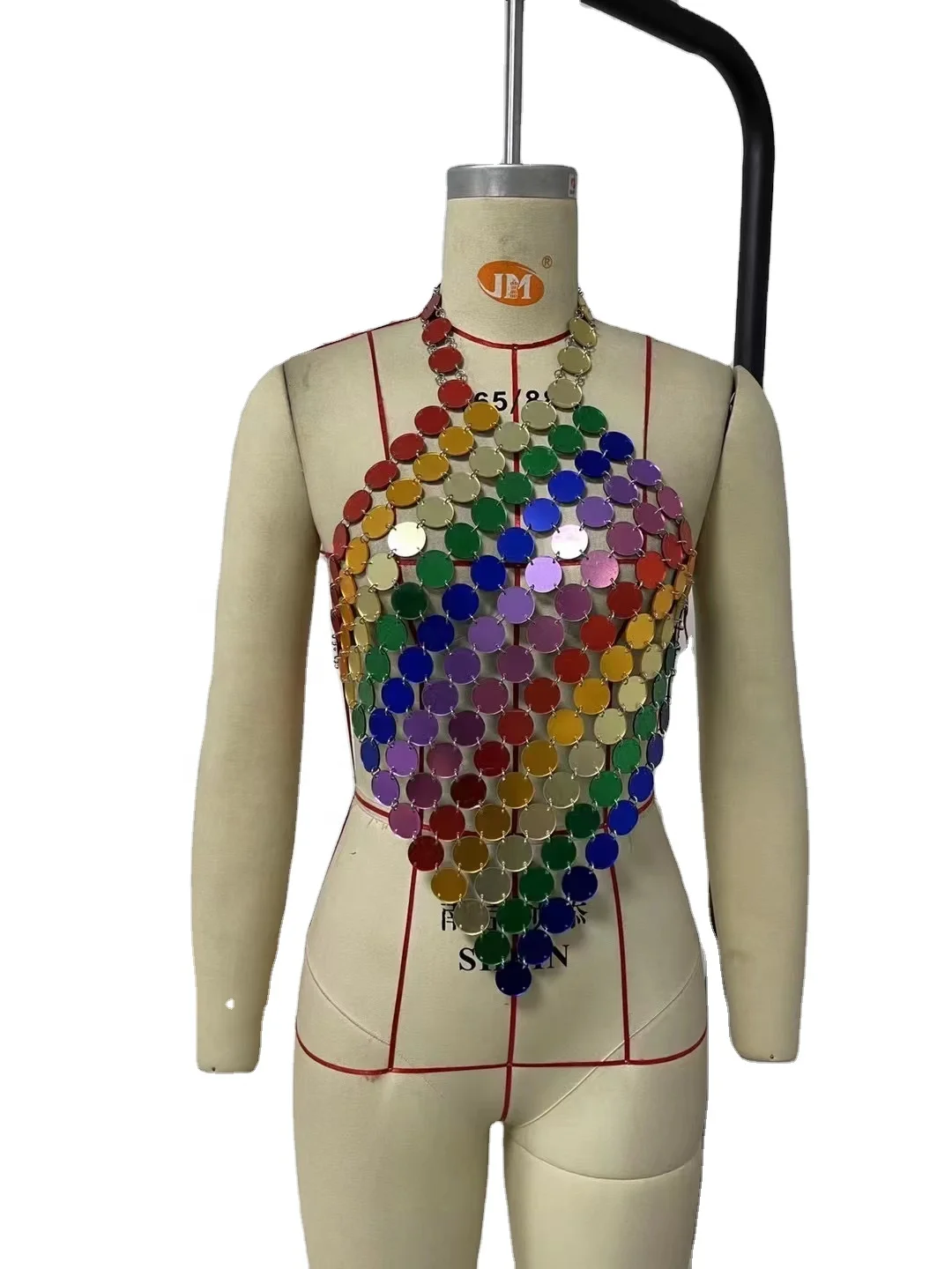 Short Shiny Sexy Colorful Handmade  Acrylic Braided Paty Wear Body Chain Top Mirror Disc Party Dress For Women