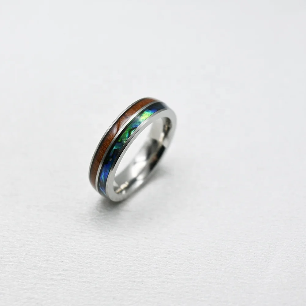 Stainless Steel Carbide Rings Hawaiian Koa Wood and Abalone Shell Rings for Men Comfort Fit Fashion Jewelry