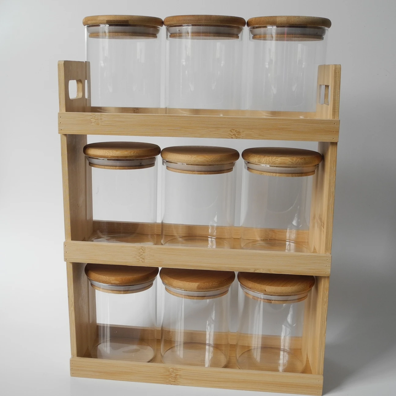 Bamboo Kitchen Cabinet Shelf Organizer Spice Rack  3 Level Storage Glass spice Jars  Natural bamboo