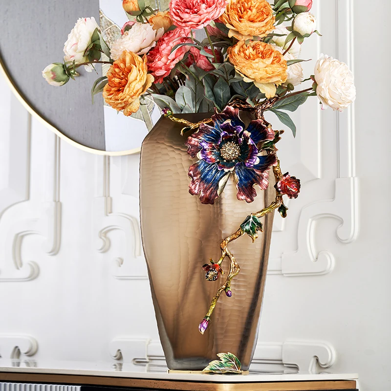 RORO home decor OEM ODM service decorative warm brown enamel flower glass crystal tall cylinders vases for wedding centerpieces