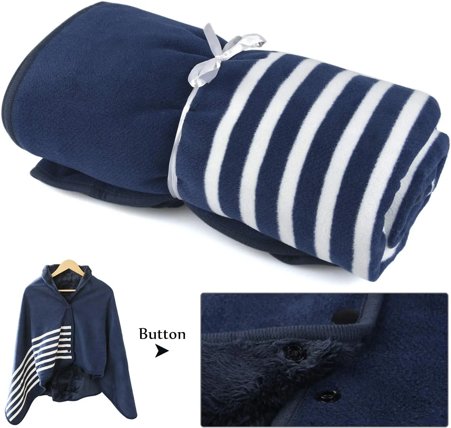 Fleece Wearable Blanket, Plaid Lap Blanket Comfy Poncho Throw with Buttons for Bed Sofa Office, Blue-White