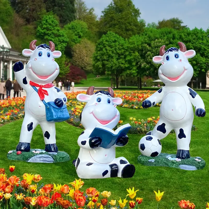 Miguo Custom Fiberglass Cartoon Cow Animal Sculptures For Park Farm Kindergarten Decorations