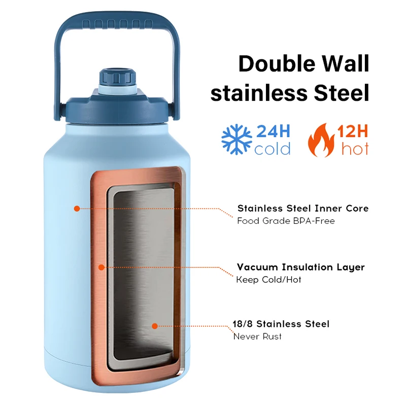 Everich ODM 64/128/192oz Double Wall Vacuum Insulated Stainless Steel Beer Growler with Handle for Brewery, Keeps Cold Up to 24H