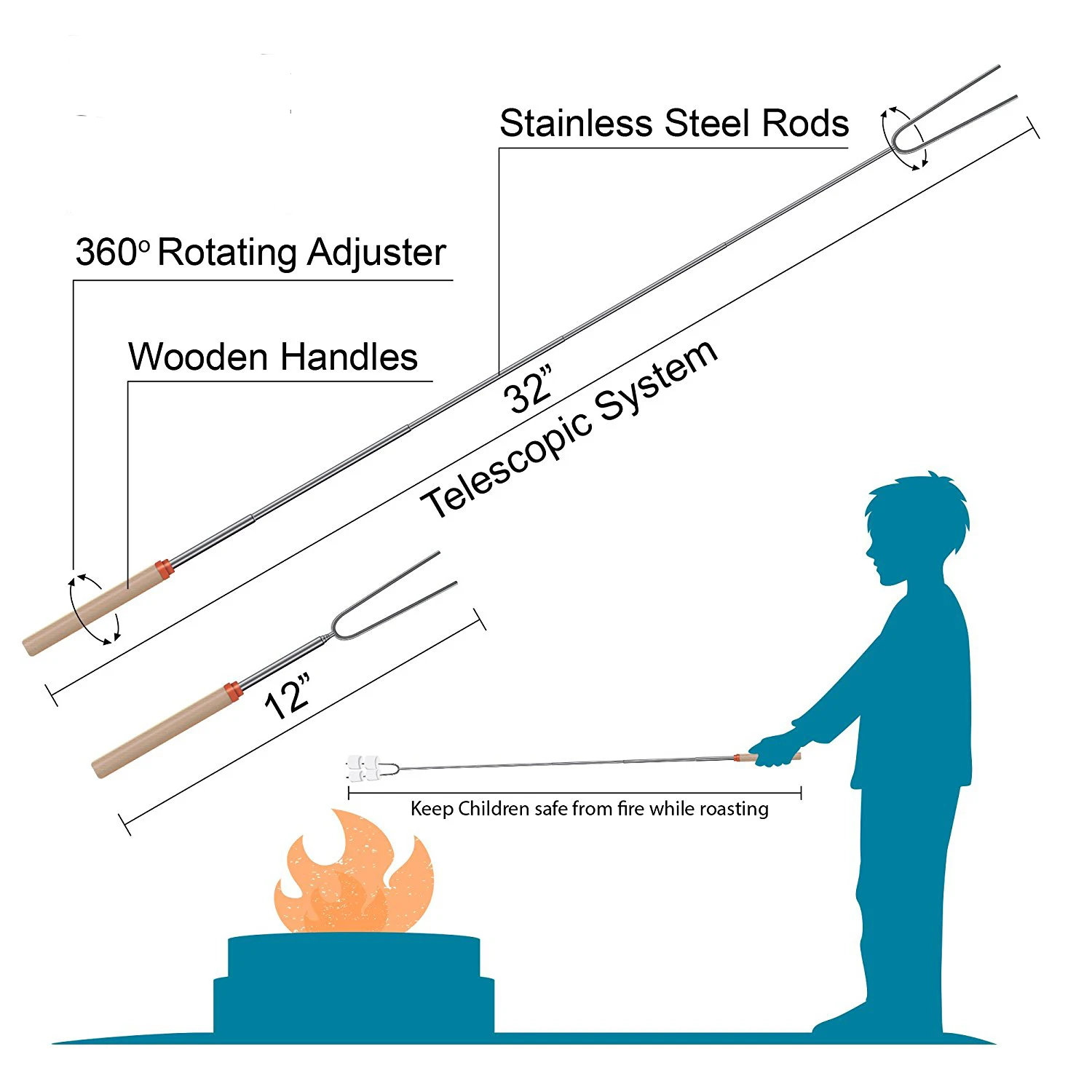 SET OF 5  wholesale 32 inch extendable Wooden handle  stainless Steel BBQ forks
