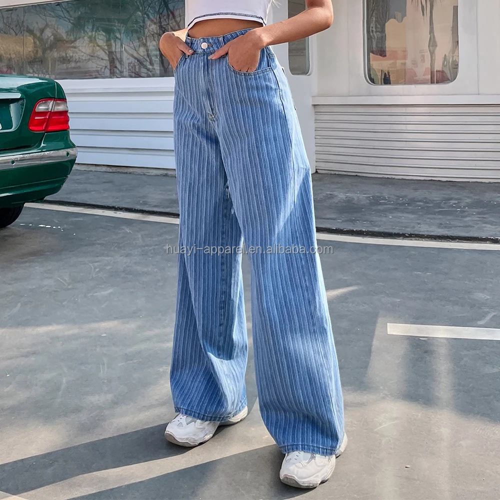 Женские джинсовые штаны и брюки большого размера в полоску с широкими штанинами
