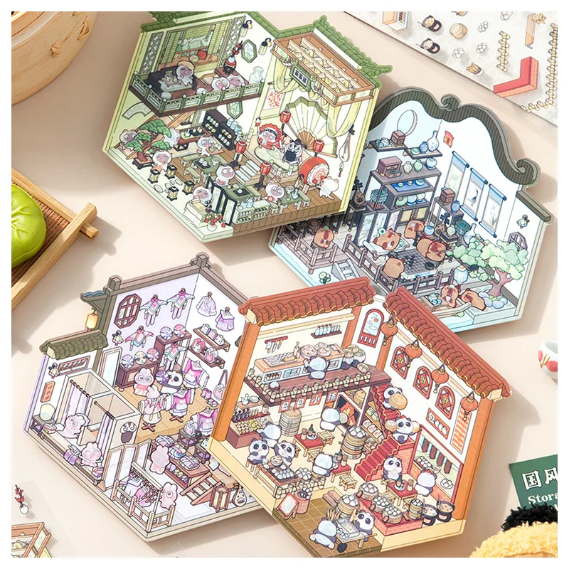 SIMNO Cute Fun Chinese Style Cartoon 3D House Landscaping Scene Stickers Transparent Scrapbooking Clipping Decal (Gen 3.0)