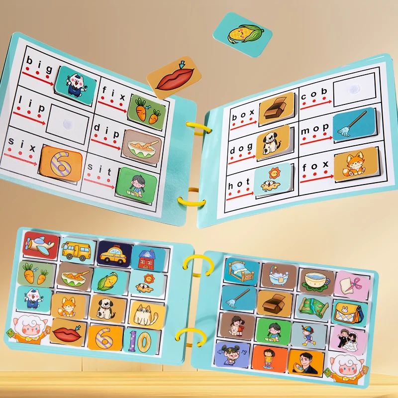 Kids Montessori funny quiet book baby magic reusable recognitive busy book word picture matching game preschool learn cvc words