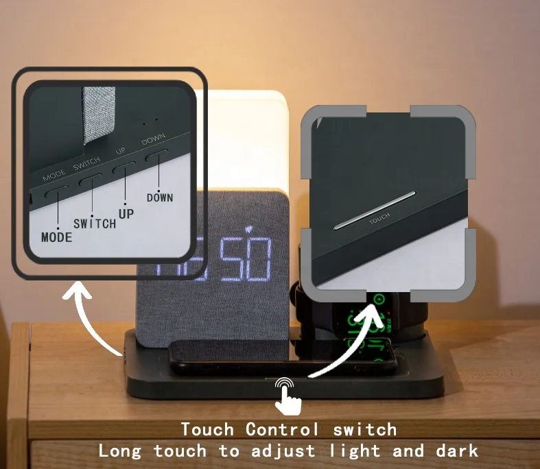 
Multifunctional 3 in 1 mobile phone wireless charger Qi fantasy with led lamp clock wireless dock charger desktop stand holder 