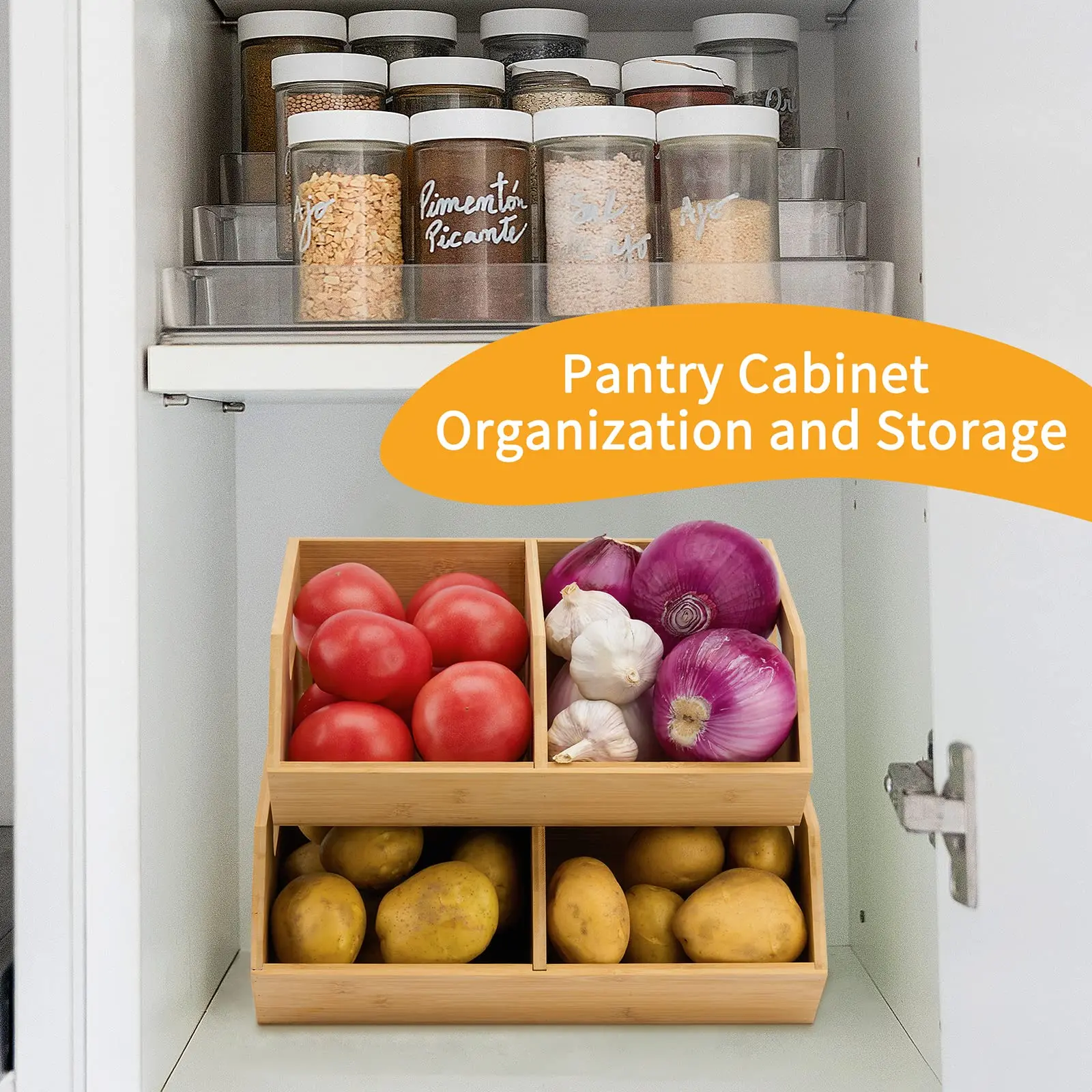 2 Set Stackable Pantry Organization, Storage Baskets Bamboo Storage Bin