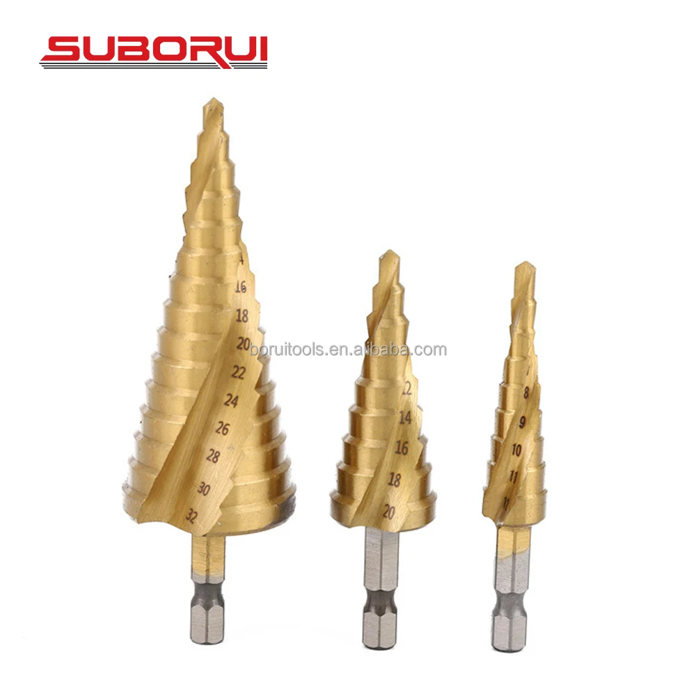 SUBORUI Spiral Straight Groove Step Drill Titanium HSS Step Drill Bit Wood Hole Cutter Core Drilling Tools Brocas Escalonadas