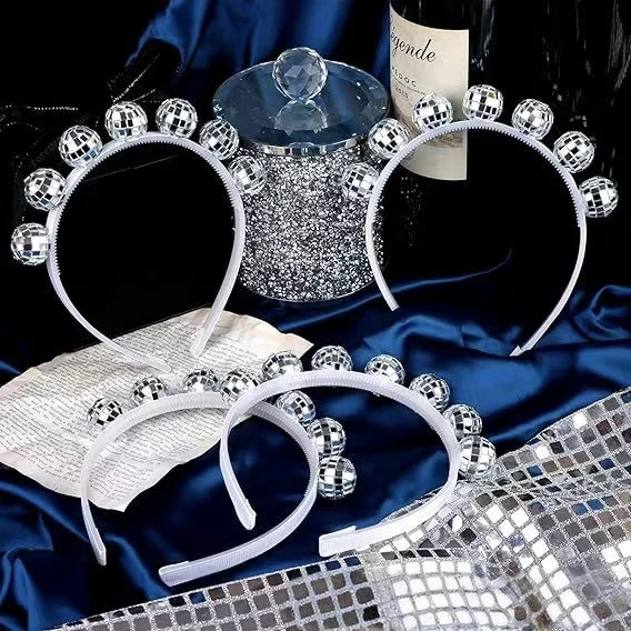 Silver disco ball earrings and vintage disco ball headband costume party accessories