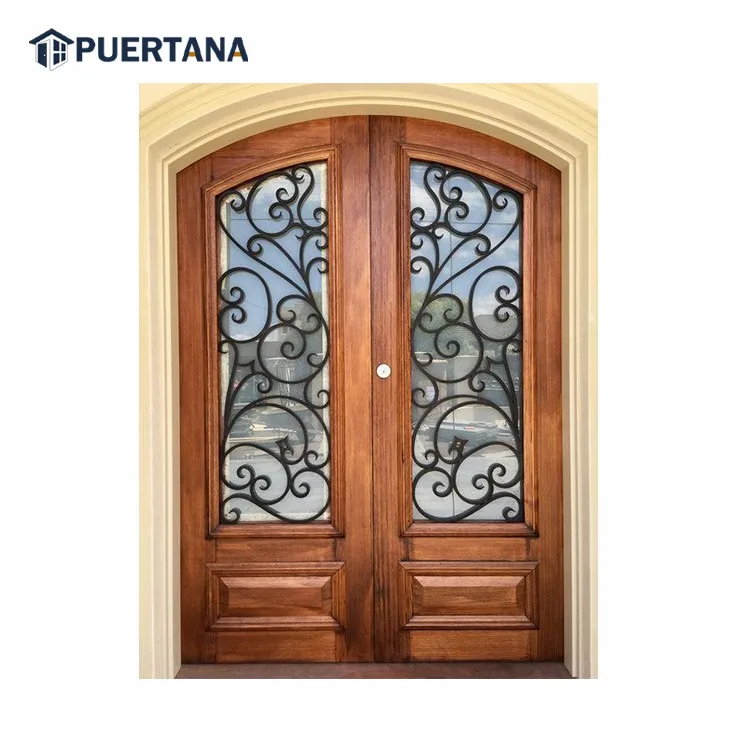 Custom Solid Wood Timber Wrought Iron Door Entry Wooden Door Decorative Cast Iron Grill Design Exterior Front Door