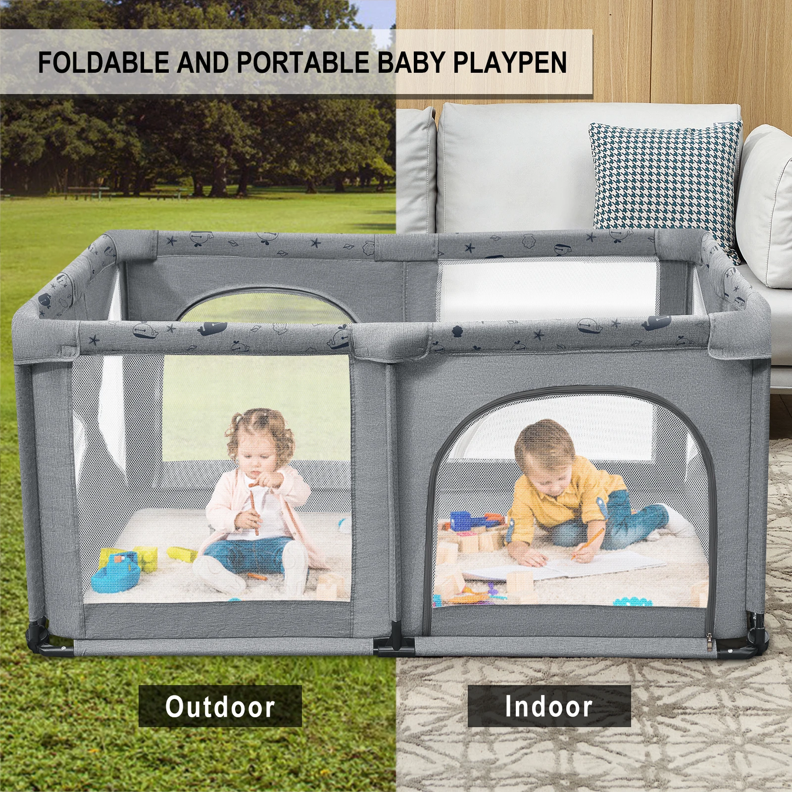 Foldable Baby Playpen, RONBEI Portable Foldable Playpen for Babies and Toddlers, Travel Indoor Outdoor Baby Playpen