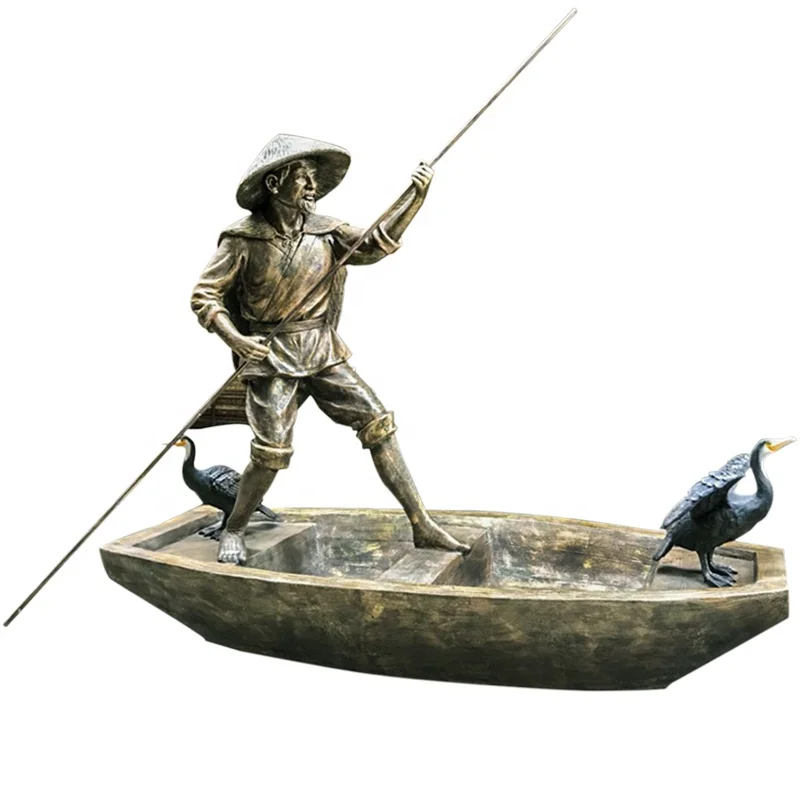 Customized garden boat sculpture polish finish old fisherman statue outdoor decoration bronze playing boat sculpture park decor