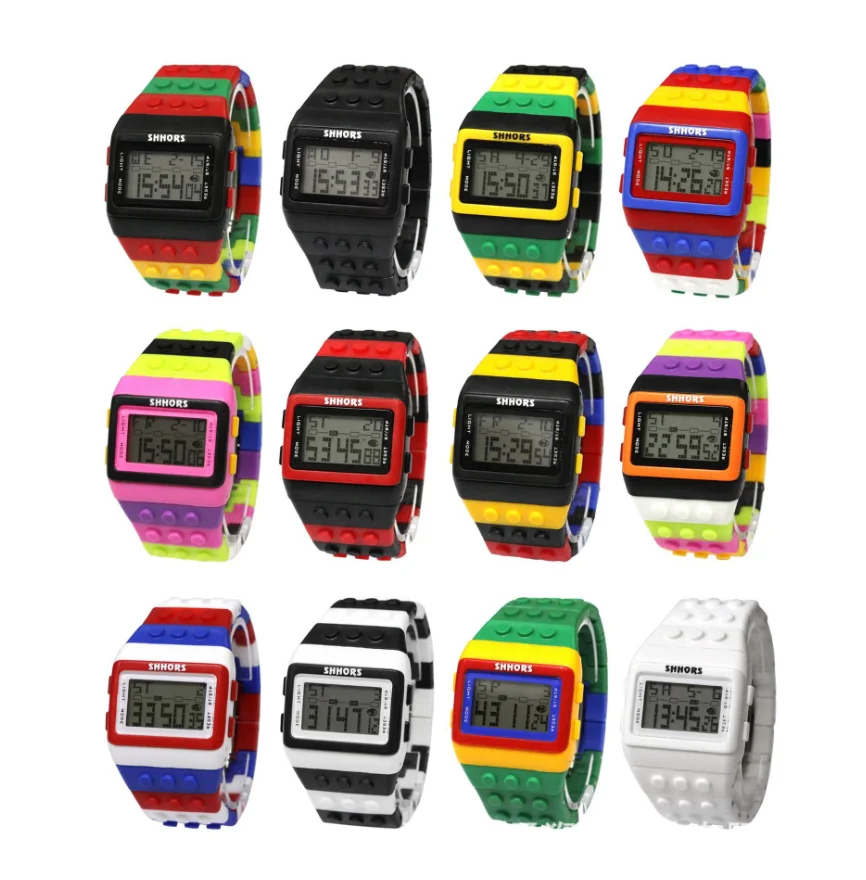 Students Colourful Rainbow Building Blocks Waterproof Alarm Week Date Multi-Function Digital Electronic Watches Black