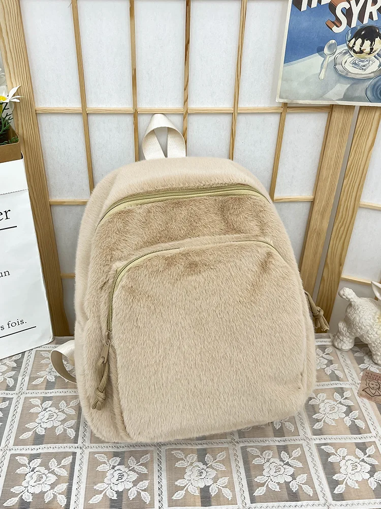 Autumn and winter school bag female plush backpack Korean version high school students solid color simple leisure backpack