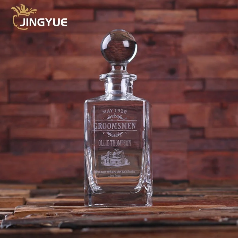 Wholesale Customized Logo Personalized Glass Whiskey Decanter Bottle with Wood Gift Box for Alcohol Liquor Brandy Vodka Whisky