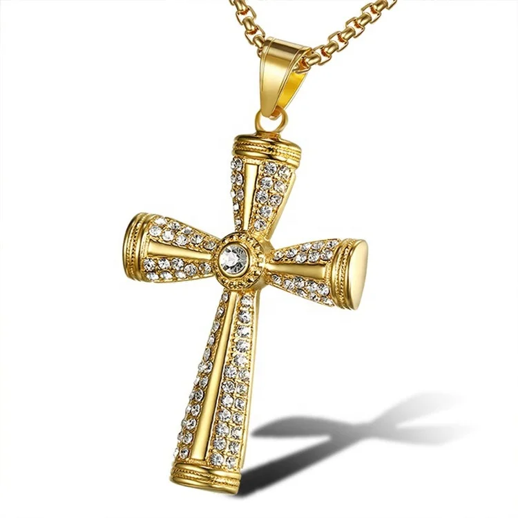 Wholesale Fashion Diamond Pendant Hip Hop Bling Bling Cross Necklace Stainless Steel Gold Hip Hop Jewelry Manufacturer