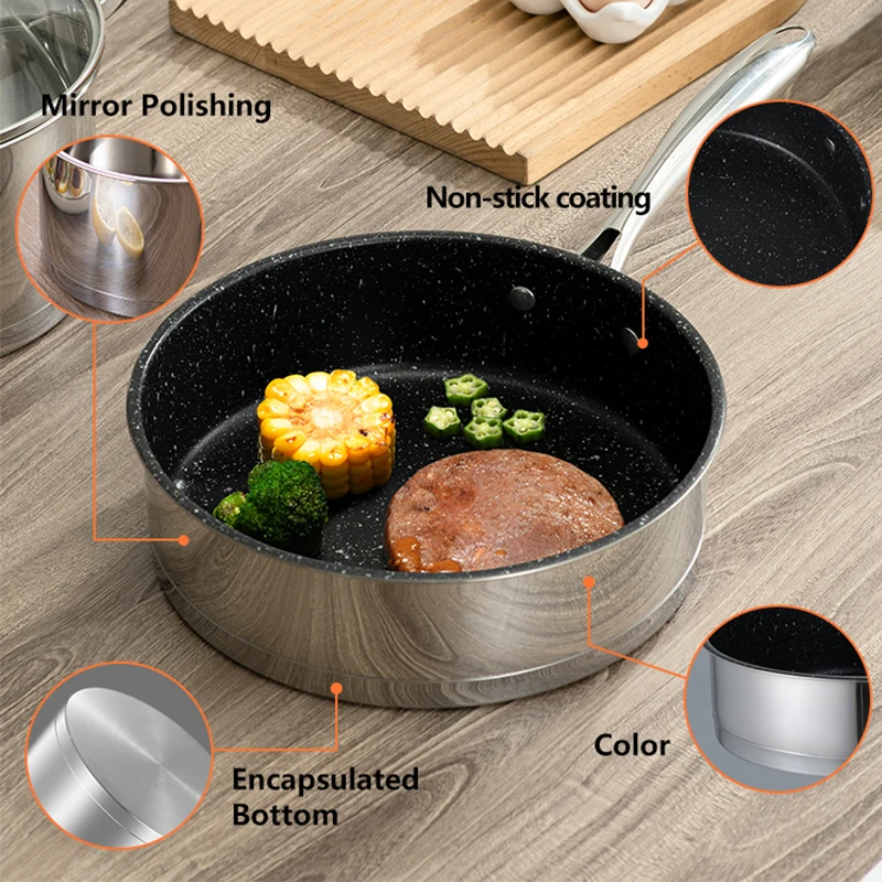Top Quality Kitchen Ware Fry Pan Bottom Induction Stainless Steel Cooking Set Non-Stick Deep Frying Pan Pots Without Oil