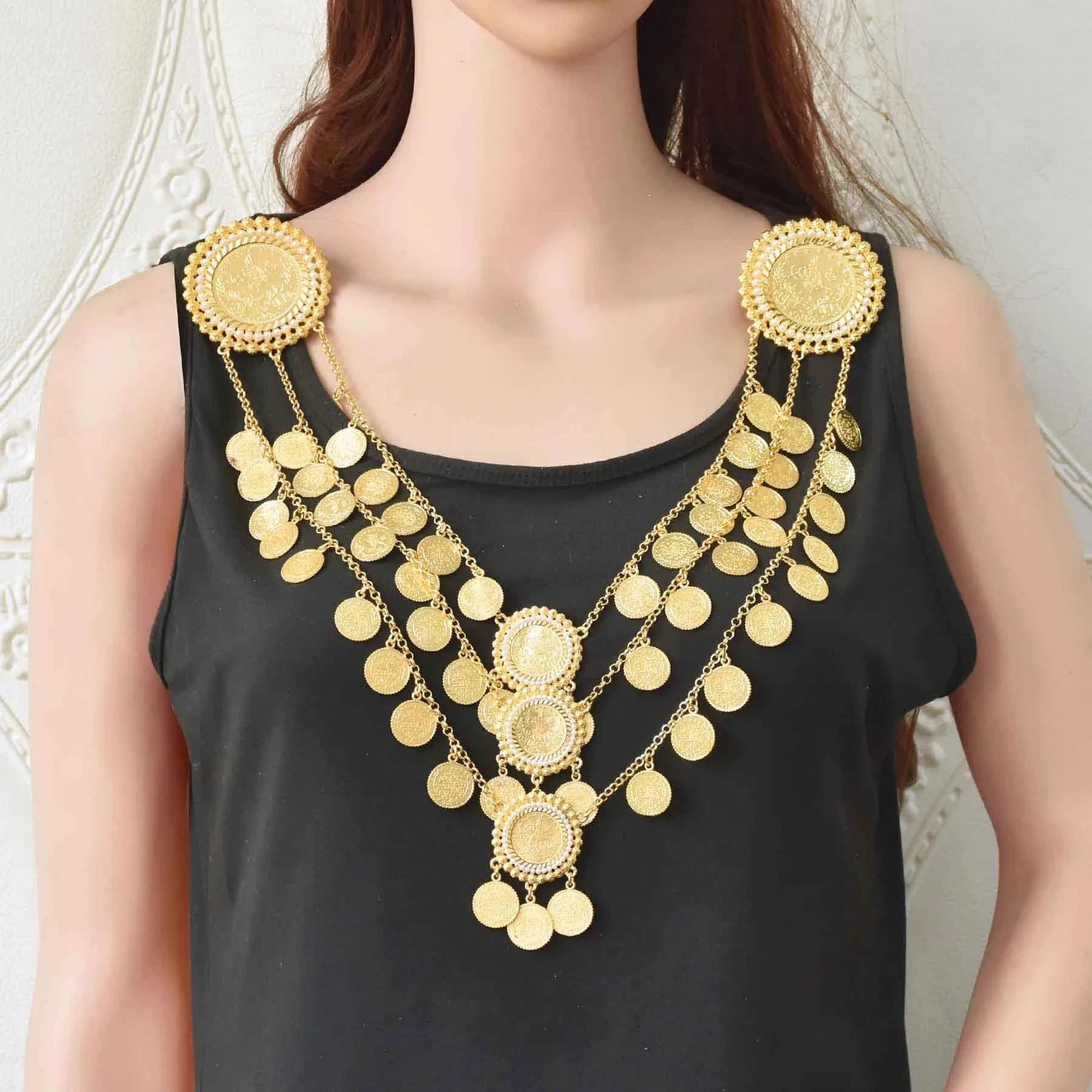 3 Layers Women Shoulder Chains Coins Pendant Statement Body Jewelry Neck Pendant