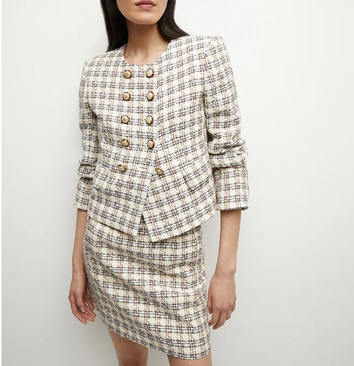Customize new design luxury brand tweed blazer set tweed fabric suits women tweed blazers jacket and skirts