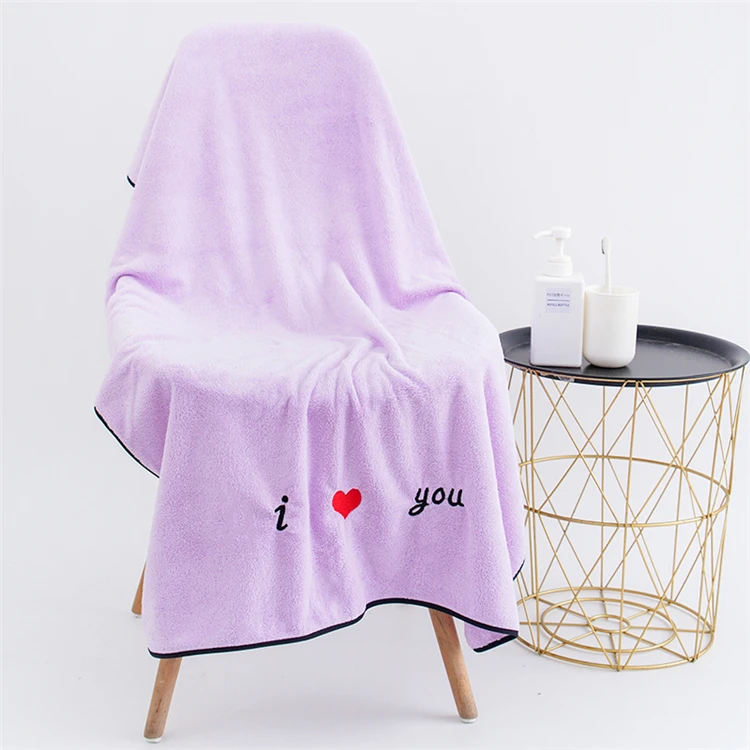 
china high quality custom logo 100% cotton purple large embroided bath towel bathing towel for men and women 
