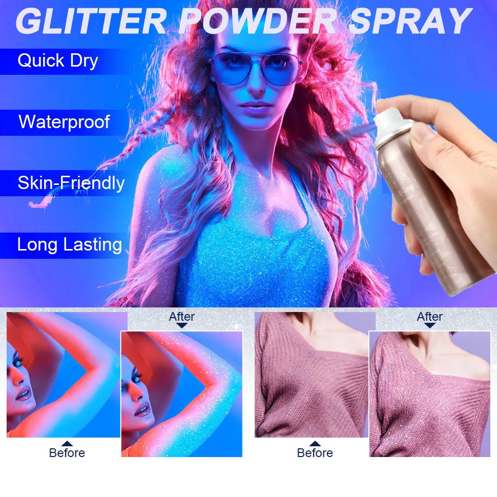Free Sample OEM Private Label Vegan Highlighter Shiny Long Lasting Face Hair Body Spray Shimmer Party Clothes Glitter Spray
