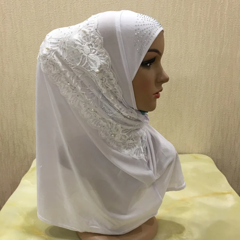 Wholesale Custom Polyester Thin Section Muslim Multicolor Lace Applique Hot Drilling Instant Hijab For Women