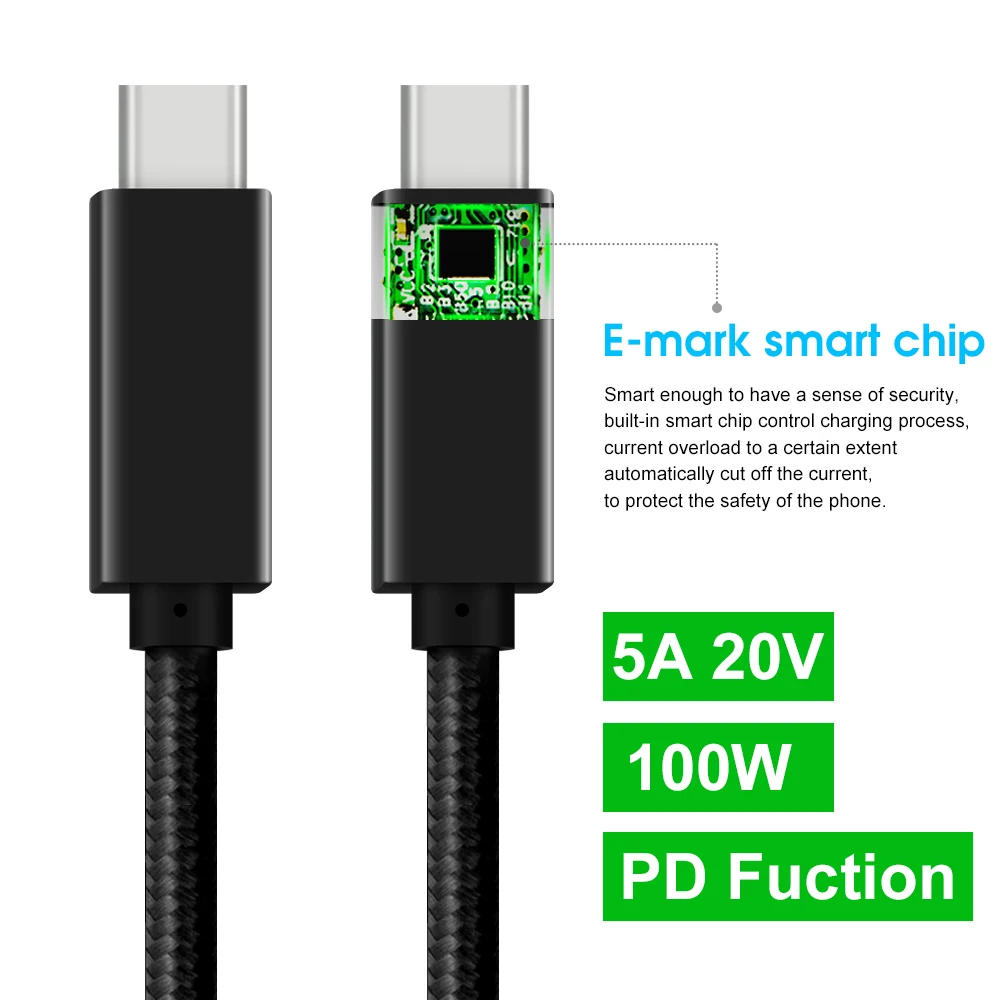 Sanguan Factory 5A 100W Fast Charging Data Sync E-Marker IC chip USB 3.1 Gen2 Type C to Type C Cable for Android/ISO/Macbook