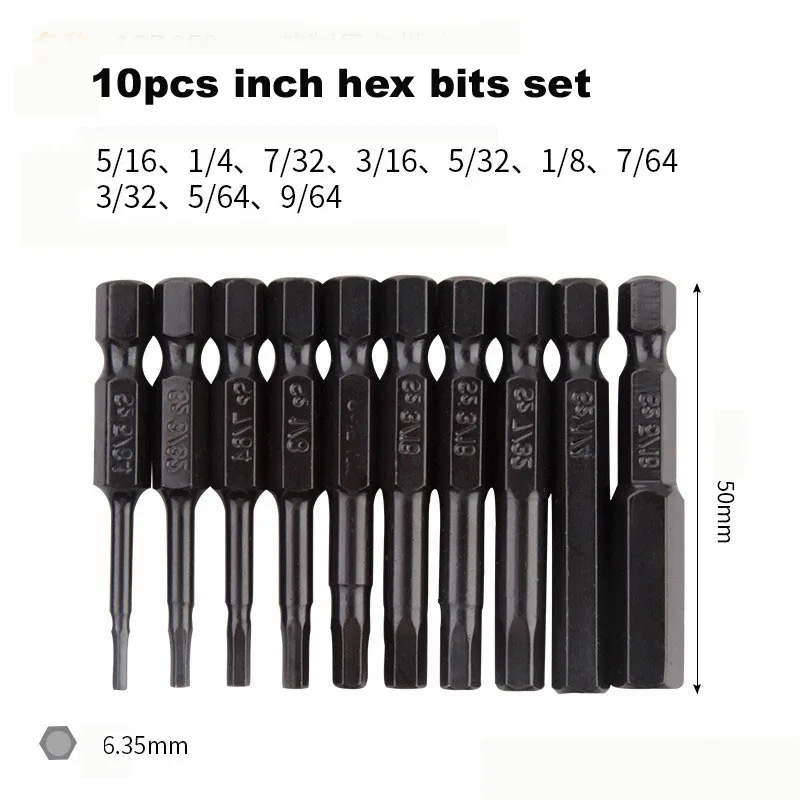 Набор из 10 шт. Шестигранная головка S2 электрическая метрическая и дюймовая отвертка