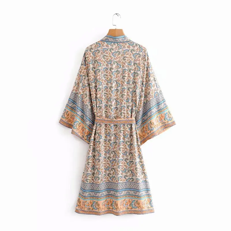 Loose Women Casual Spring Dress Lady Bohemian Style Floral print Long Sleeves Lace up Open Stitch Kimono