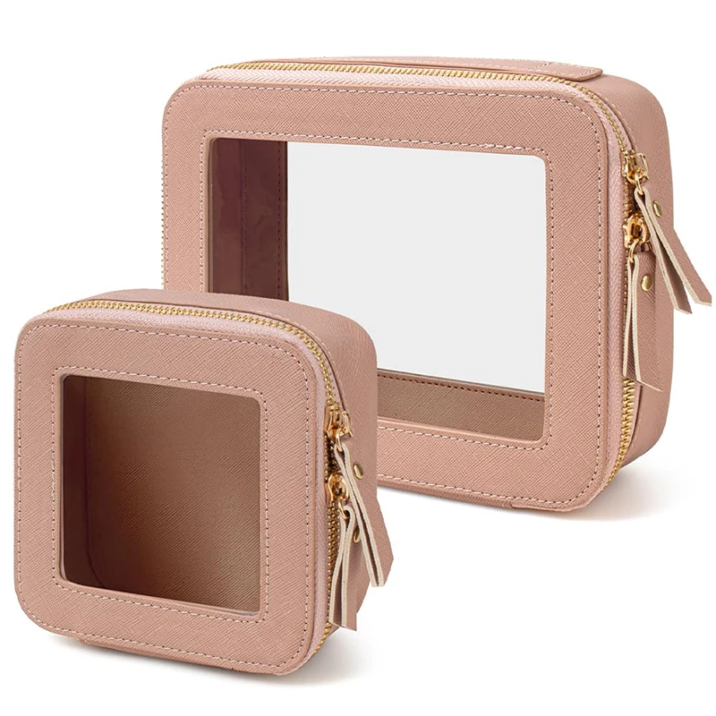 Premium Waterproof PU Leather Cosmetic Bag Travel Scratch-resistant Zipper Toiletry Case Clear Makeup Bag