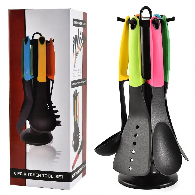 Unique design kitchen cooking tools silicone carousel nylon kitchen utensil set with rotating storage rack