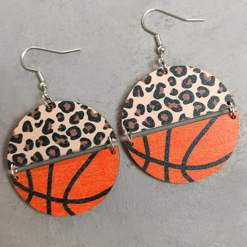 Hot Sports Leopard Print Earrings Double Half Round Baseball Football Basketball Volleyball Pendant Earrings Jewelry