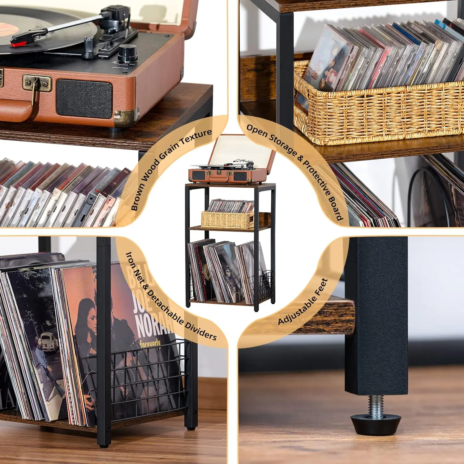 Retro Style 3-Tier Record Player Stand Home Multifunctional Vinyl Record Storage Double Design Powder-Coated Metal