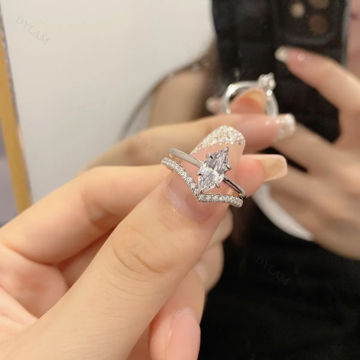 Dylam 5A Grade Marquise Cubic Zirconia Halo 5A CZ Set Engagement Wedding Stackable Ring Gemstone 925 Sterling Silver Ring