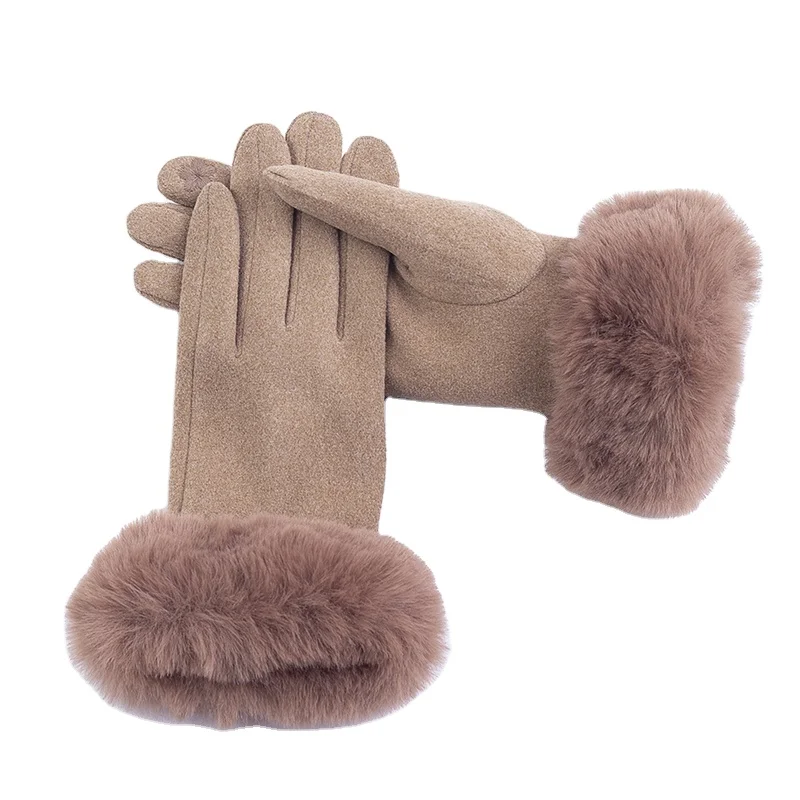 Custom Factory Winter Warm Faux Fleece Cuff Gloves With Velvet Reinforced Suede Imitation Rabbit Fur Gloves