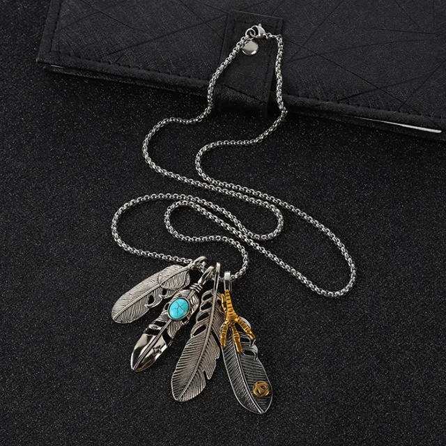  Vintage Style Antique Silver Feather Gemstone Pendant Womens/Mens Turquoise Inlaid on Alloy Rope Necklace