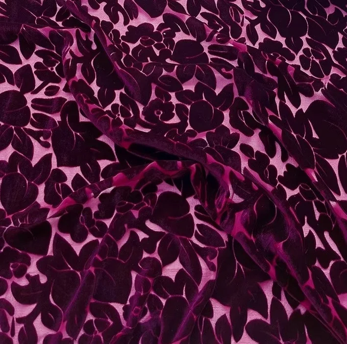 Popular Fashionable Pure silk 10mm background viscose burnt out jacquard floral velvet fabric for Ladies elegant noble clothing