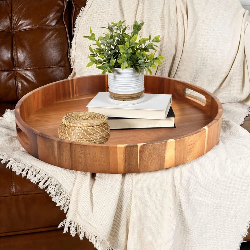 Decorative Round Shape Snack Breakfast Coffee Table Home Wooden Serving Tray with Handles