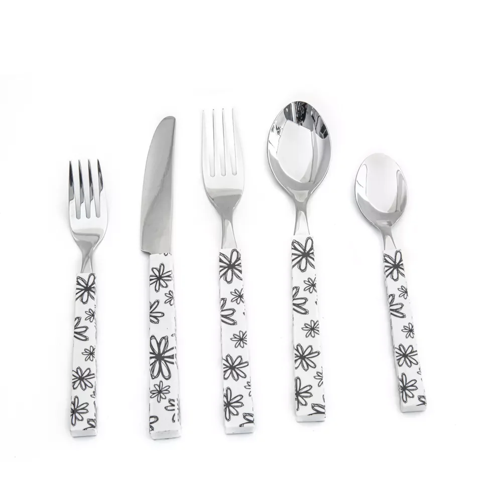 5pcs Flower Pattern PP Plastic Handle Stainless Steel Table Knife Fork Spoon Tea Spoon Flatware Set Cutlery Set