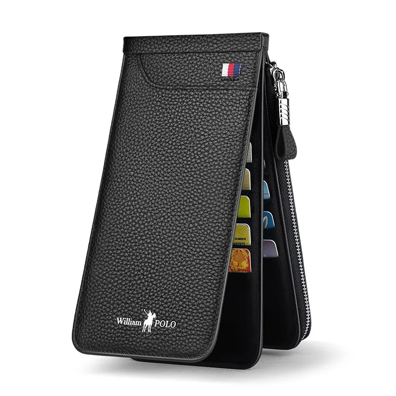 WILLIAMPOLO long wallet mens with removable wrist strap multi-position card holder rfid zipper mobile wallets leather men